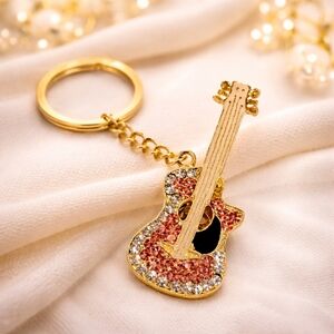 Guitar Gold and Pink Keychain Rhinestone Gold Tone Fun Fashion Music Lover